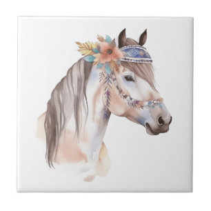 Cute boho watercolor hippie horse design ceramic tile