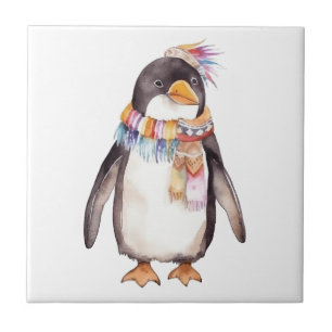 Cute boho watercolor hippie penguin design ceramic tile