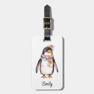 Cute boho watercolor hippie penguin design luggage tag