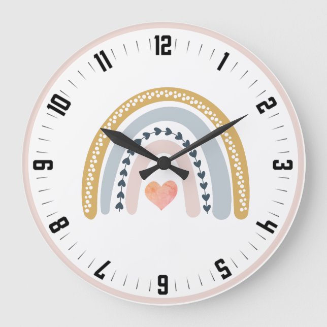 Cute Boho Watercolor Pastel Rainbow Nursery Large Clock (Front)