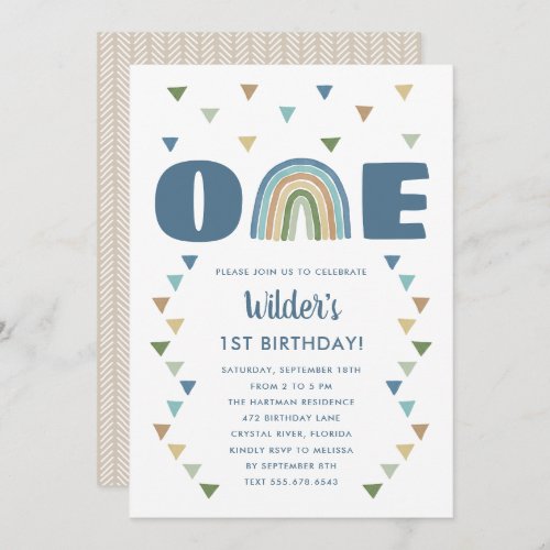 Cute Boho Watercolor Rainbow Birthday Blue First Invitation