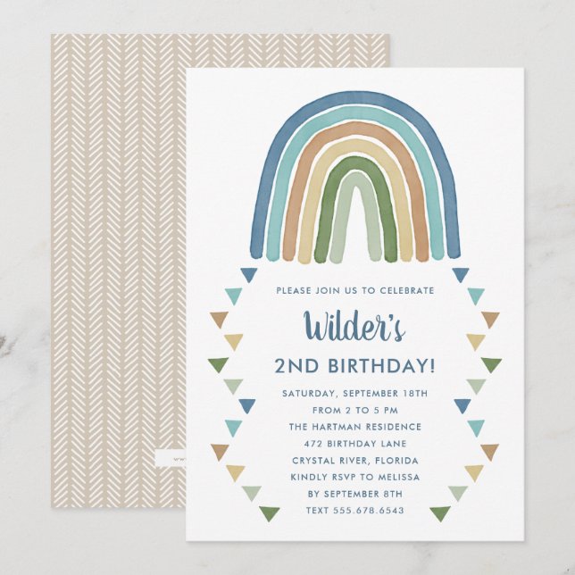 Cute Boho Watercolor Rainbow Birthday Blue Invitation (Front/Back)