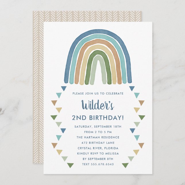 Cute Boho Watercolor Rainbow Birthday Blue Invitation (Front/Back)