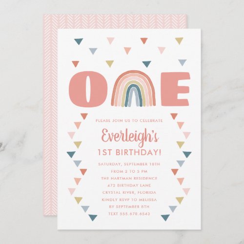 Cute Boho Watercolor Rainbow Birthday Coral First Invitation