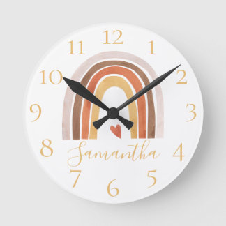 Cute Boho Watercolor Rainbow Heart Custom Name Rou Round Clock