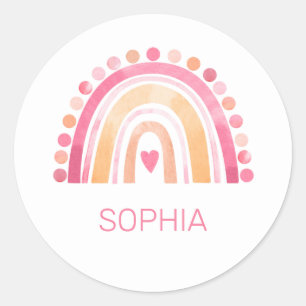 Cute Boho Watercolor Rainbow in Pink personalized Classic Round Sticker