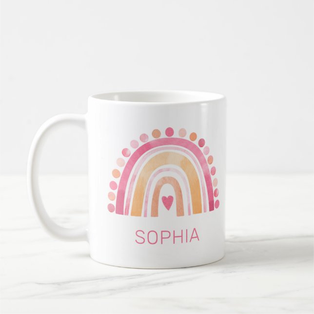 Cute Boho Watercolor Rainbow in Pink personalized Coffee Mug (Left)