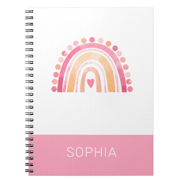 Cute  Boho Watercolor Rainbow in Pink personalized Notebook (Front)