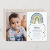 Cute Boho Watercolor Rainbow Photo Birthday Blue Invitation (Front/Back)