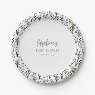 Cute Boho Watercolor Wildflower Baby Shower Custom Paper Plates