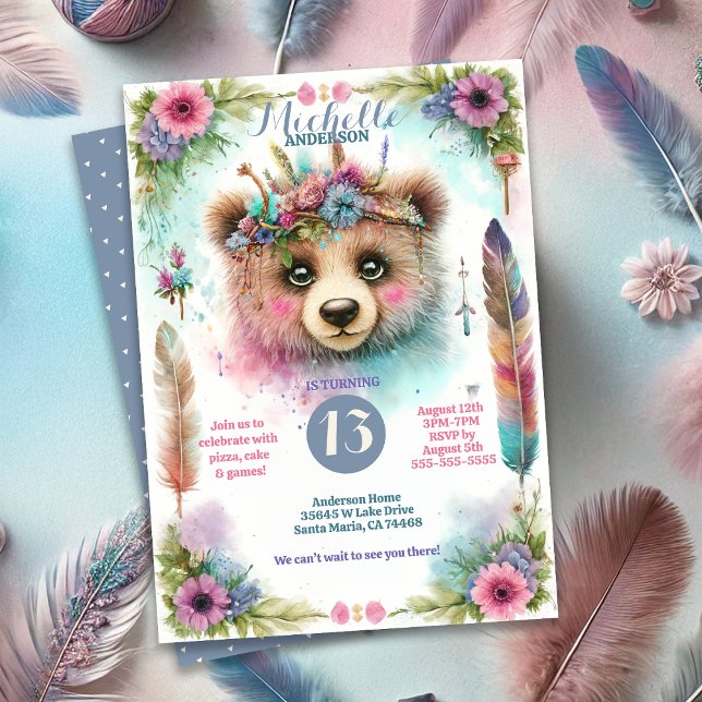 Cute Boho Watercolor Woodland Bea Birthday Party Invitation (Creator Uploaded)