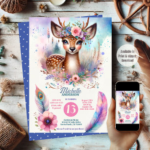 Cute Boho Watercolor Woodland Deer Birthday Party Invitation