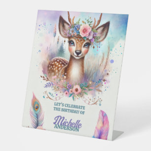Cute Boho Watercolor Woodland Deer Birthday Party Pedestal Sign