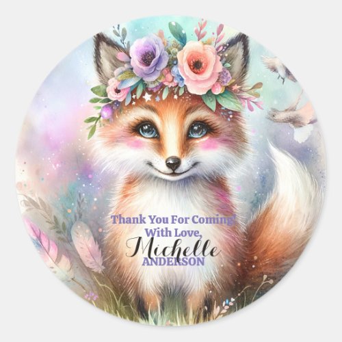 Cute Boho Watercolor Woodland Fox Birthday Party Classic Round Sticker