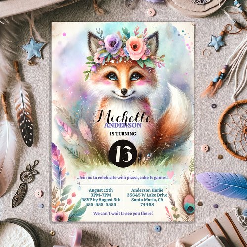 Cute Boho Watercolor Woodland Fox Birthday Party Invitation
