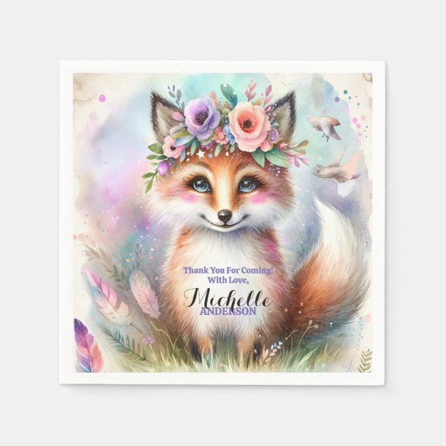 Cute Boho Watercolor Woodland Fox Birthday Party Napkins (Front)
