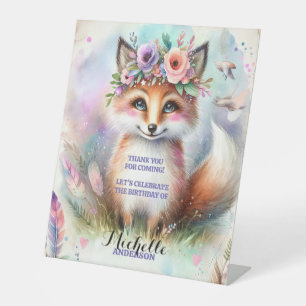 Cute Boho Watercolor Woodland Fox Birthday Party Pedestal Sign
