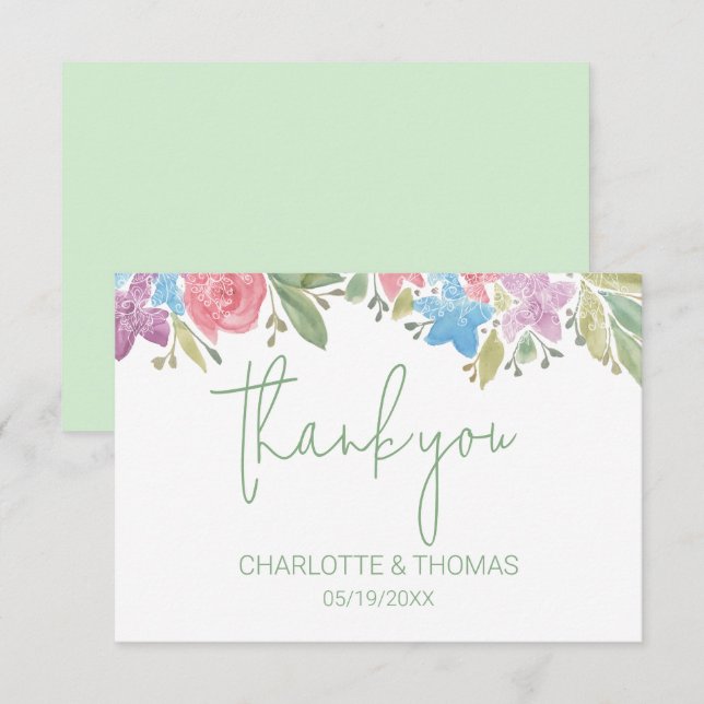 Cute Boho Wildflowers Watercolor Hand-painted Thank You Card (Front/Back)