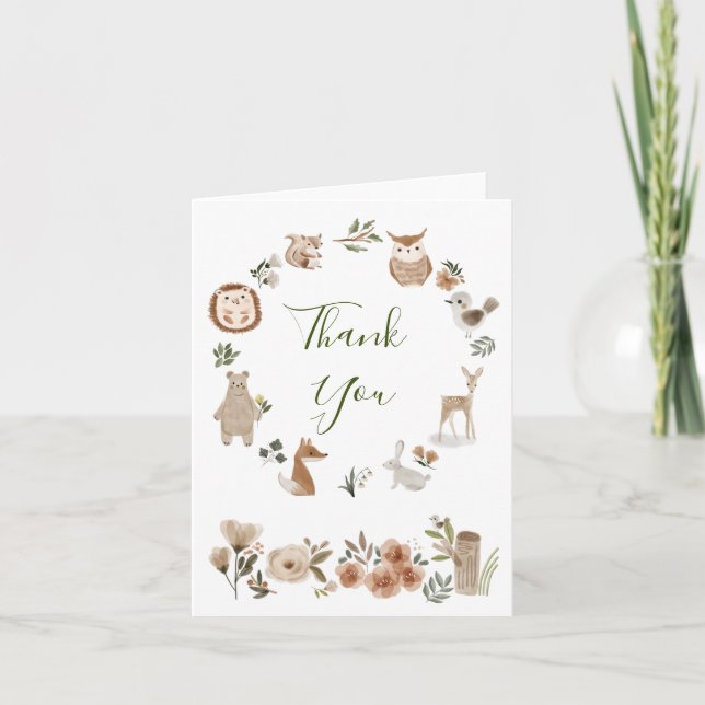 Cute Boho Woodland Animals Watercolor Thank You Card (Front)