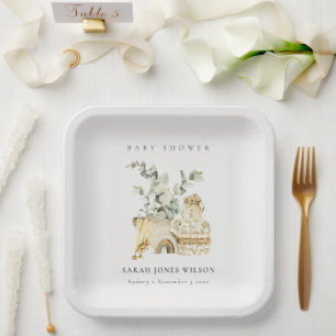 Cute Boho Yellow Nursery Foliage Baby Shower Paper Plates