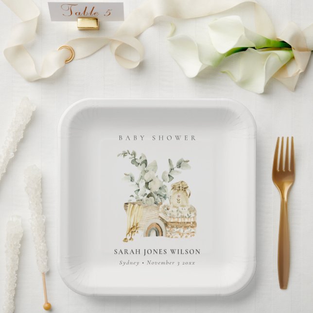 Cute Boho Yellow Nursery Foliage Baby Shower Paper Plates (Wedding)