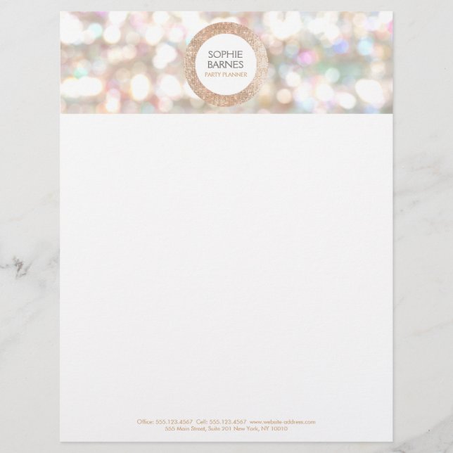 Cute Bokeh and Rose Gold Sequin Event Planner Letterhead (Front)