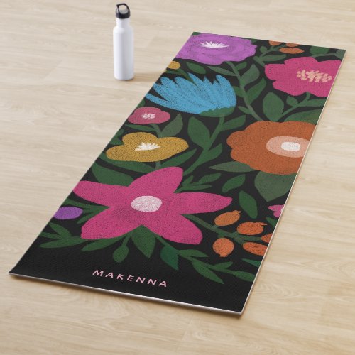 Cute Bold Colorful Florals Name  Black Yoga Mat