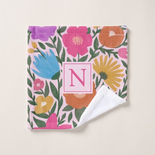 Cute Bold Colorful Flowers Girls Monogram   Wash Cloth