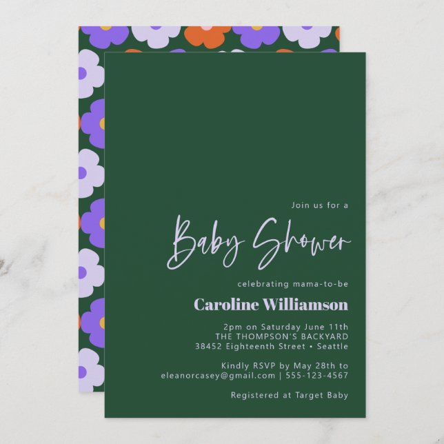 Cute Bold Retro Flower Purple Green Baby Shower Invitation (Front/Back)