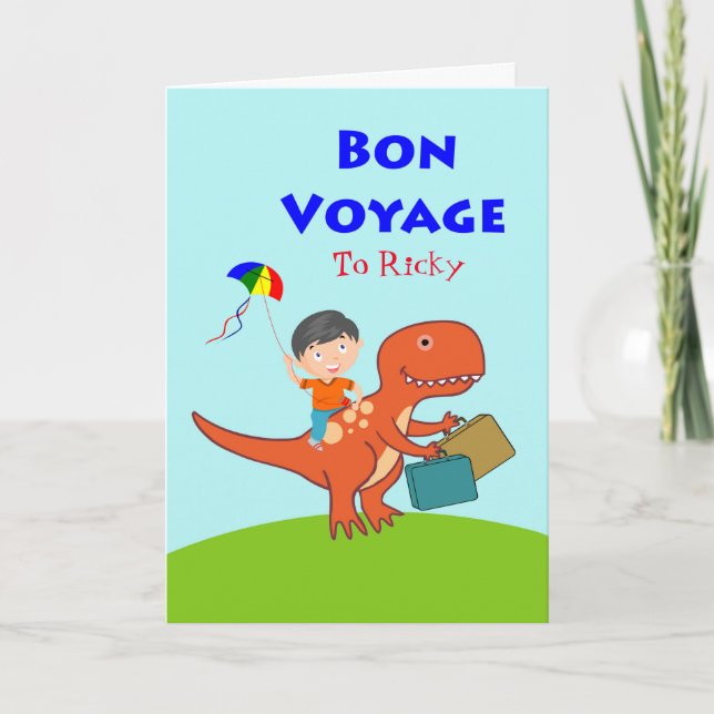 Cute Bon Voyage for Kids, Boy on Dinosaur Card (Front)