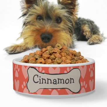 Cute Bone Paw print Hearts pattern Dog Name Orange