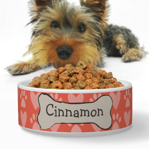 Cute Bone Paw print Hearts pattern Dog Name Orange Bowl