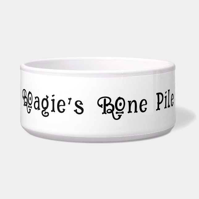 Cute Bone Text Black & White Personalized Pet Bowl (Front)