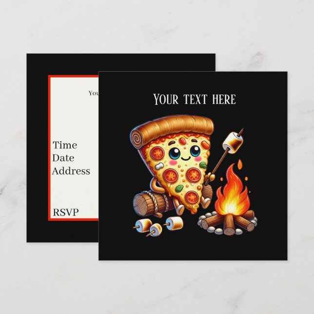 Cute bonfire pizza party invitation (Front/Back)