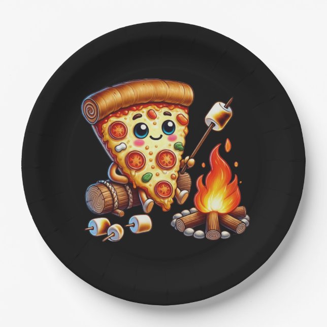 Cute bonfire pizza party paper plates (Front)