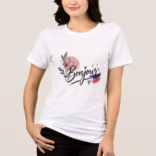 Cute Bonjour Floral Typography Women TShirt