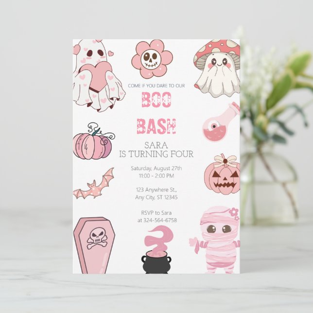 Cute Boo Bash Part Pink Birthday Invitation (Standing Front)