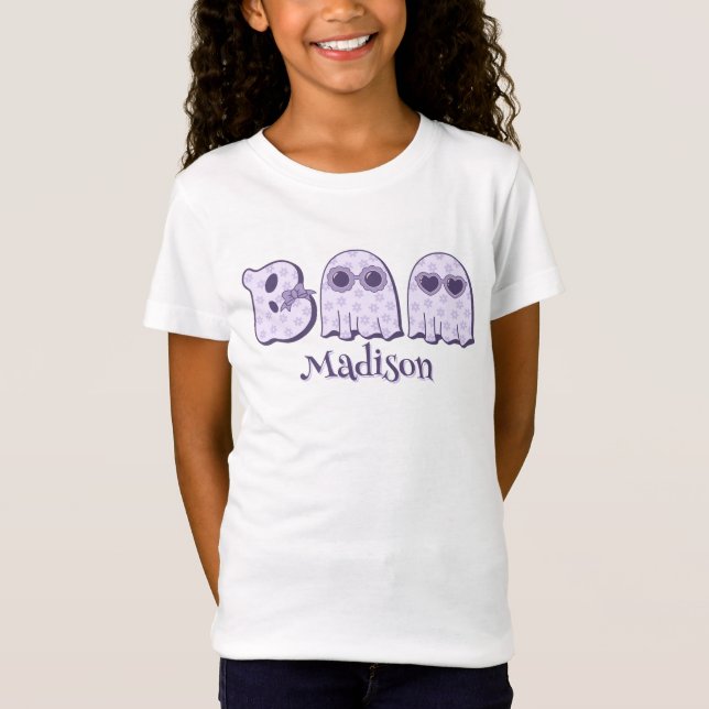 Cute Boo Ghost Halloween Custom Name or Text Girls T-Shirt (Front)
