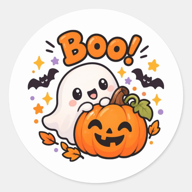 Cute Boo Ghost Pumpkin Halloween Round Sticker (Front)