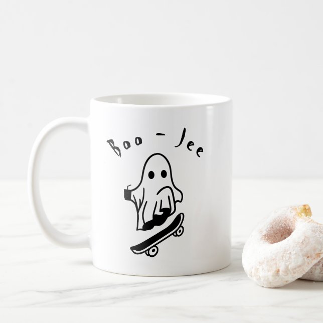 Cute Boo Ghost Skating Funny Halloween Spooky Art Coffee Mug (With Donut)