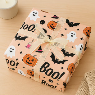 Cute "Boo!" Halloween Ghosts & Pumpkins Pattern Wrapping Paper