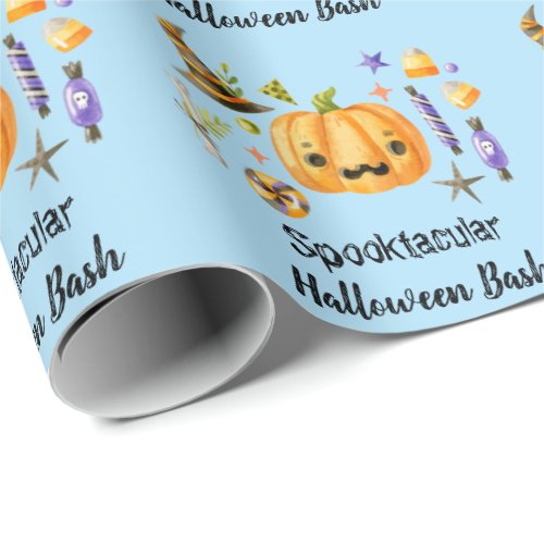 Cute Boo Pumpkin Spooktacular Halloween Bash Blue Wrapping Paper