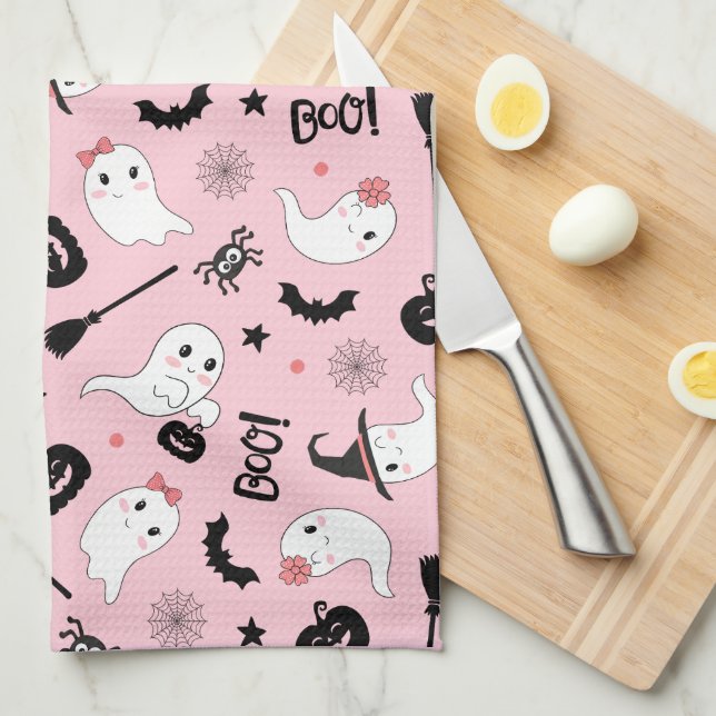 Cute Boo Spooky Ghost Halloween Pink Girl Kitchen Towel (Quarter Fold)