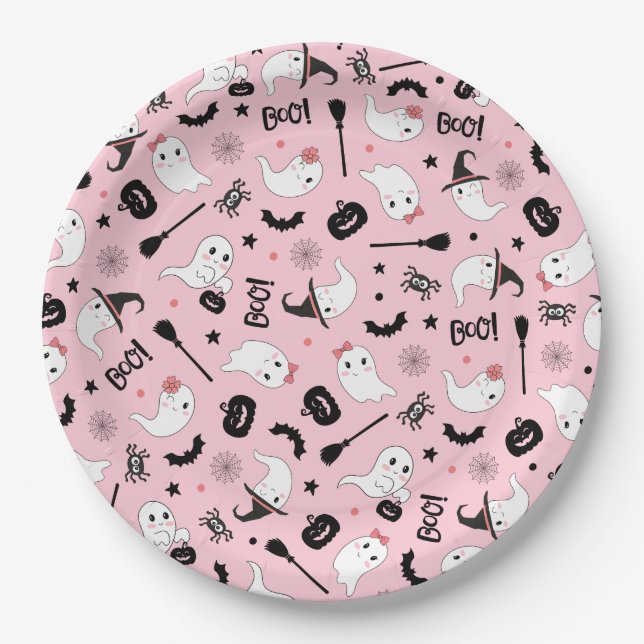 Cute Boo Spooky Ghost Halloween Pink Girl Paper Plates (Front)