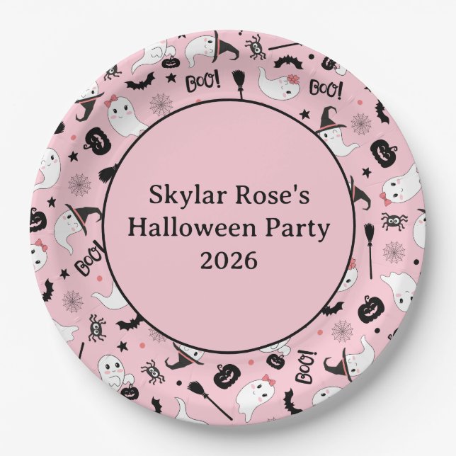 Cute Boo Spooky Ghost Halloween Pink Girl Paper Plates (Front)
