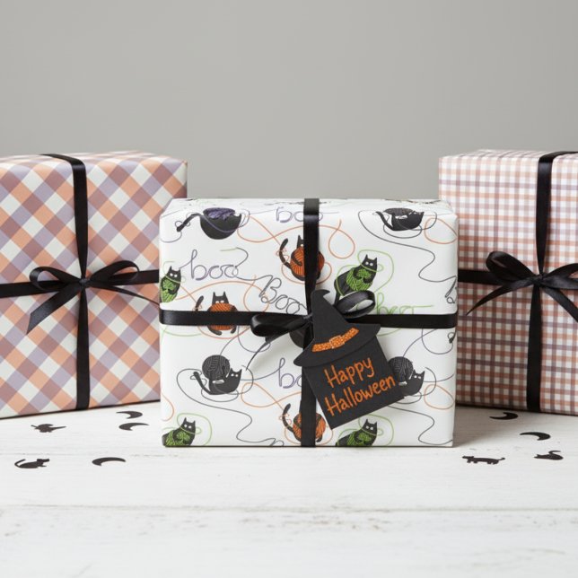 Cute Boo-tifully Tangled Kittens Halloween Wrapping Paper Sheets (Black Kitten Wrapping Paper for Kids Halloween October Birthday Party. Cat with Orange, Purple Yarn)