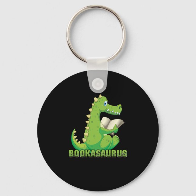 Cute Book Lover Bookworm Bookish Dinosaur Bookasau Keychain (Front)