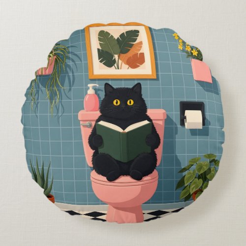 Cute Book Lover Cat Bathroom Art Round Pillow