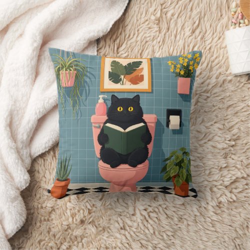 Cute Book Lover Cat Bathroom Art Throw Pillow