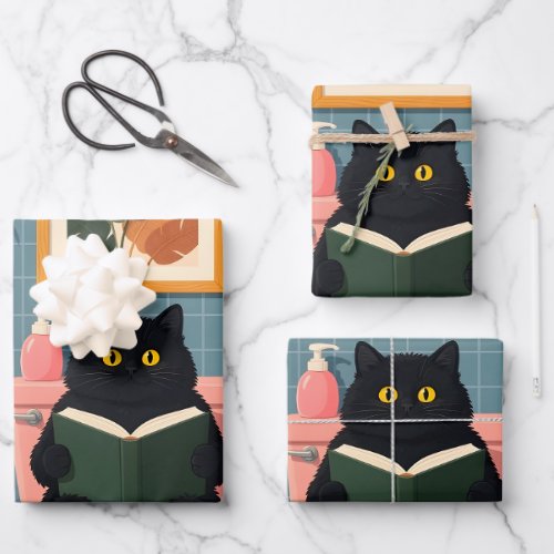 Cute Book Lover Cat Bathroom Art Wrapping Paper Sheets